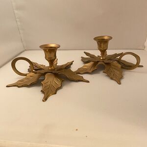 #8164 PAIR BRASS CANDLE HOLDERS HOLY LEAF MOTIF MADE IN INDIA